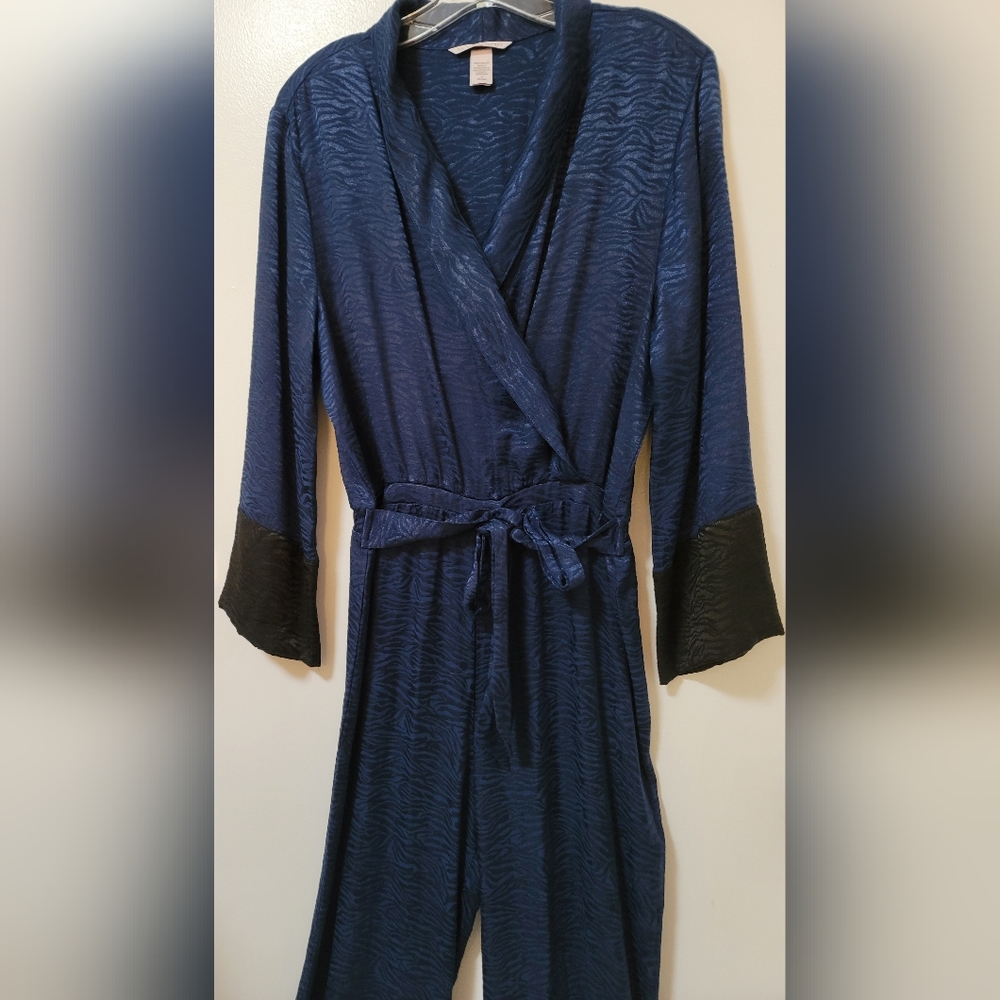 Victoria's Secret Blue Satin Zebra Print Jumpsuit Long Sleeve Size Medium - Picture 6 of 14